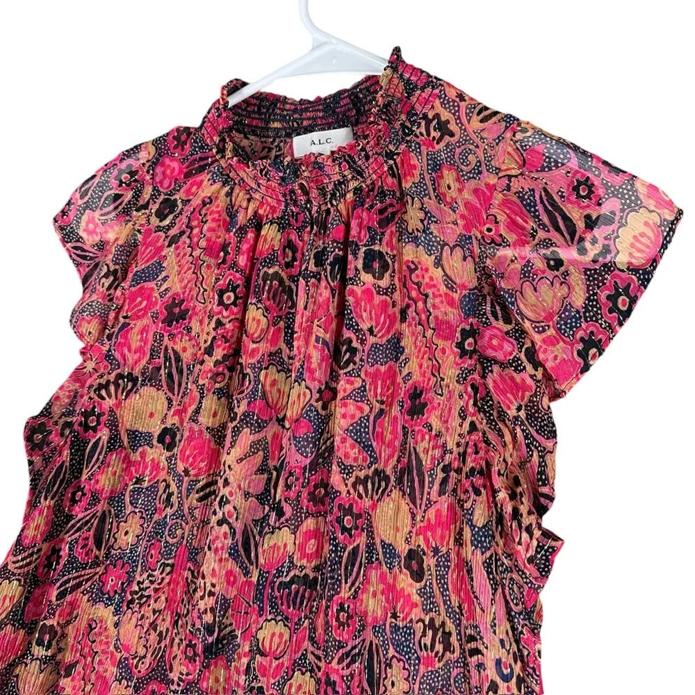 A.L.C. Women’s 4 Hayley Printed Top Silk Blend Chiffon Flutter Sleeve Blouse - Picture 7 of 14